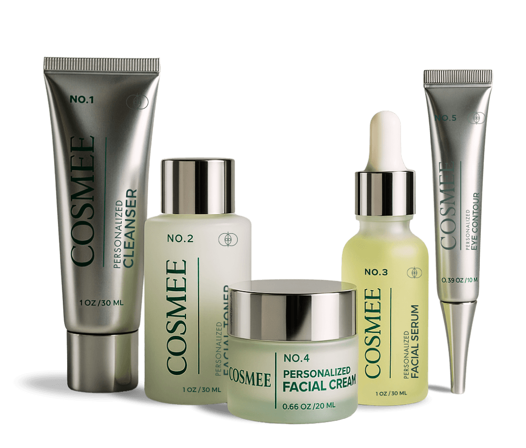 COSMEE 5-step custom routine — cleanser, toner, serum, cream, eye contour