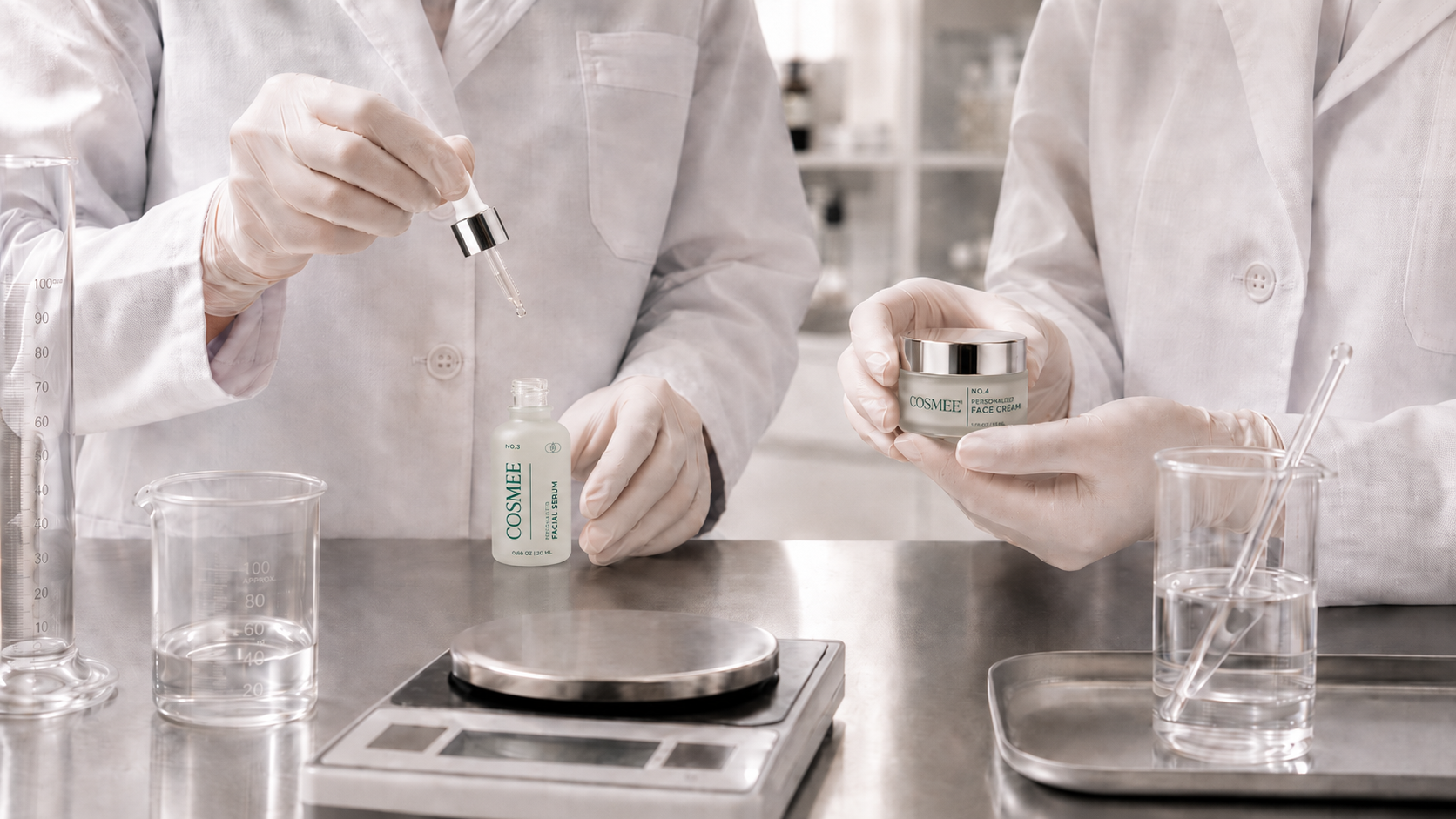Hand-compounding COSMEE V4-Sensitive formulas in Austin, TX studio